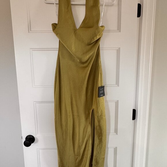 NWT Lulus Beyond Classy Chartreuse Satin Halter Midi Dress Green - Size S - Picture 2 of 4